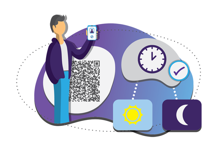 Graphic illustration of Venta detailing a man using venta and its qr code technology to log time 24/7