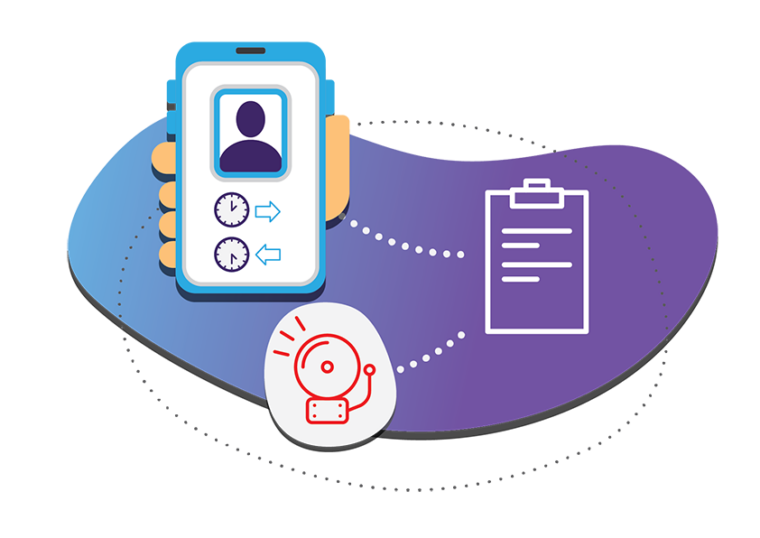 Graphic illustration detailing clock in and clock out activities all on a smart phone.